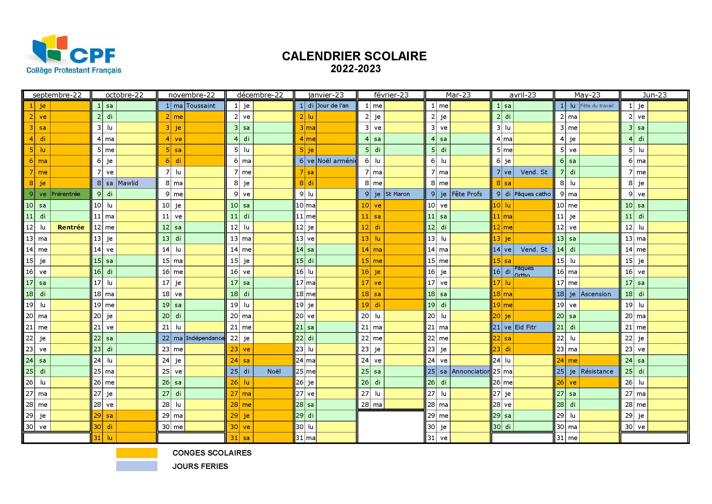 Calendrier Scolaire Annuel College Protestant Francais Beyrouth Liban