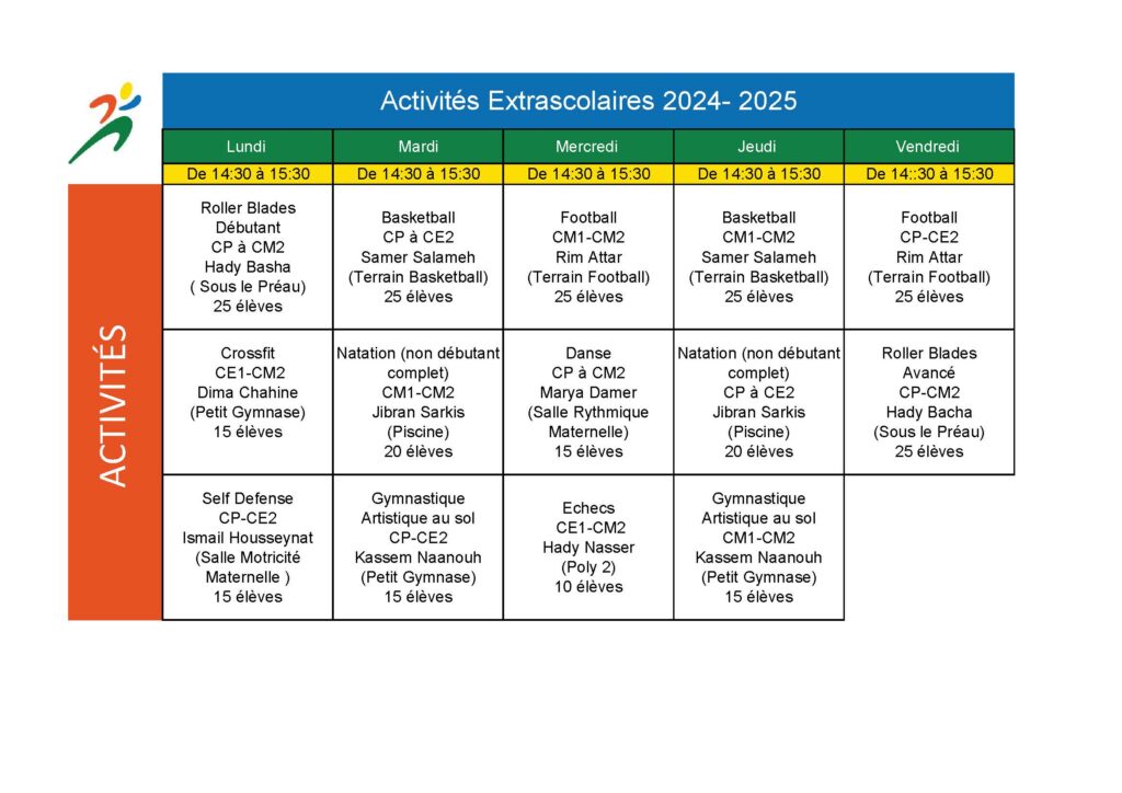 Tableau Extrascolaire 2024-2025